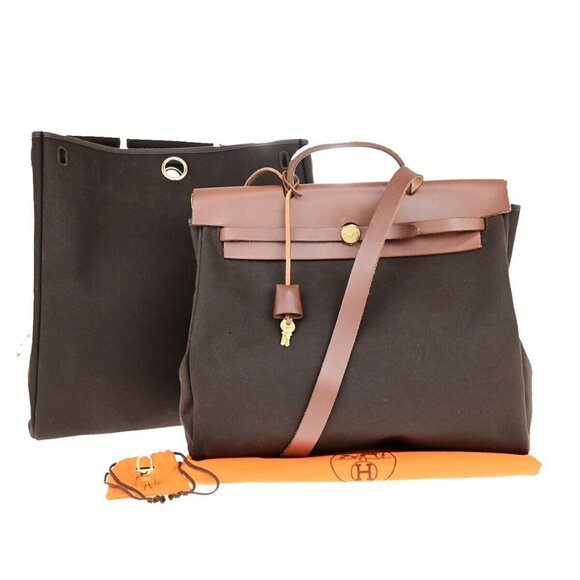 HERMES Her Bag MM 2 In 1 2Way Shoulder Bag Toile Officier Leather authentic - Picture 1 of 4